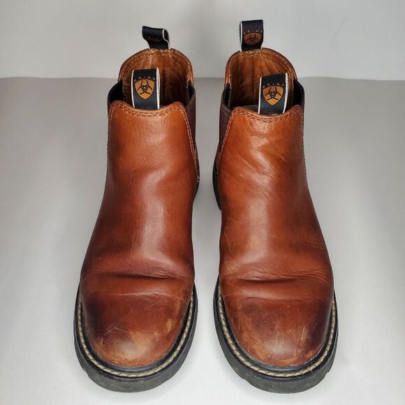 Ariat Men's Pull-On Brown Leather Spot Hog Work Boots Size 8 - Picture 2 of 13